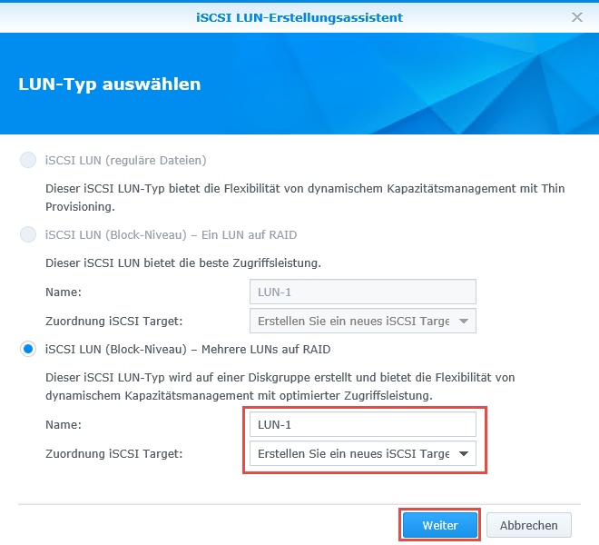 iSCSI LUN und iSCSI Target erstellen