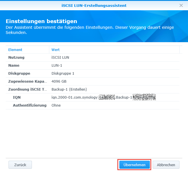 iSCSI LUN und iSCSI Target erstellen