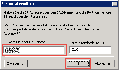 iSCSI Portal eintragen und suchen